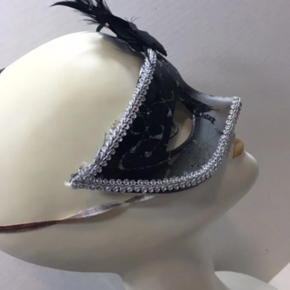 Masquerade Black Silver Gold Glitter Feather Mask Halloween Venetian Style